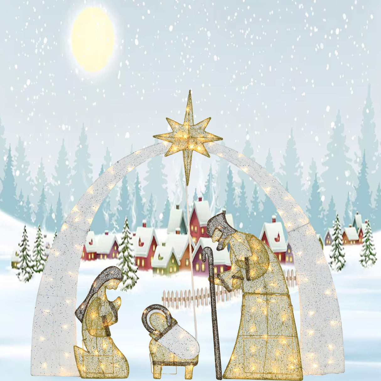 54"H Nativity Scene Christ Birth Pre-Lit Warm White LED Lights 115L Display