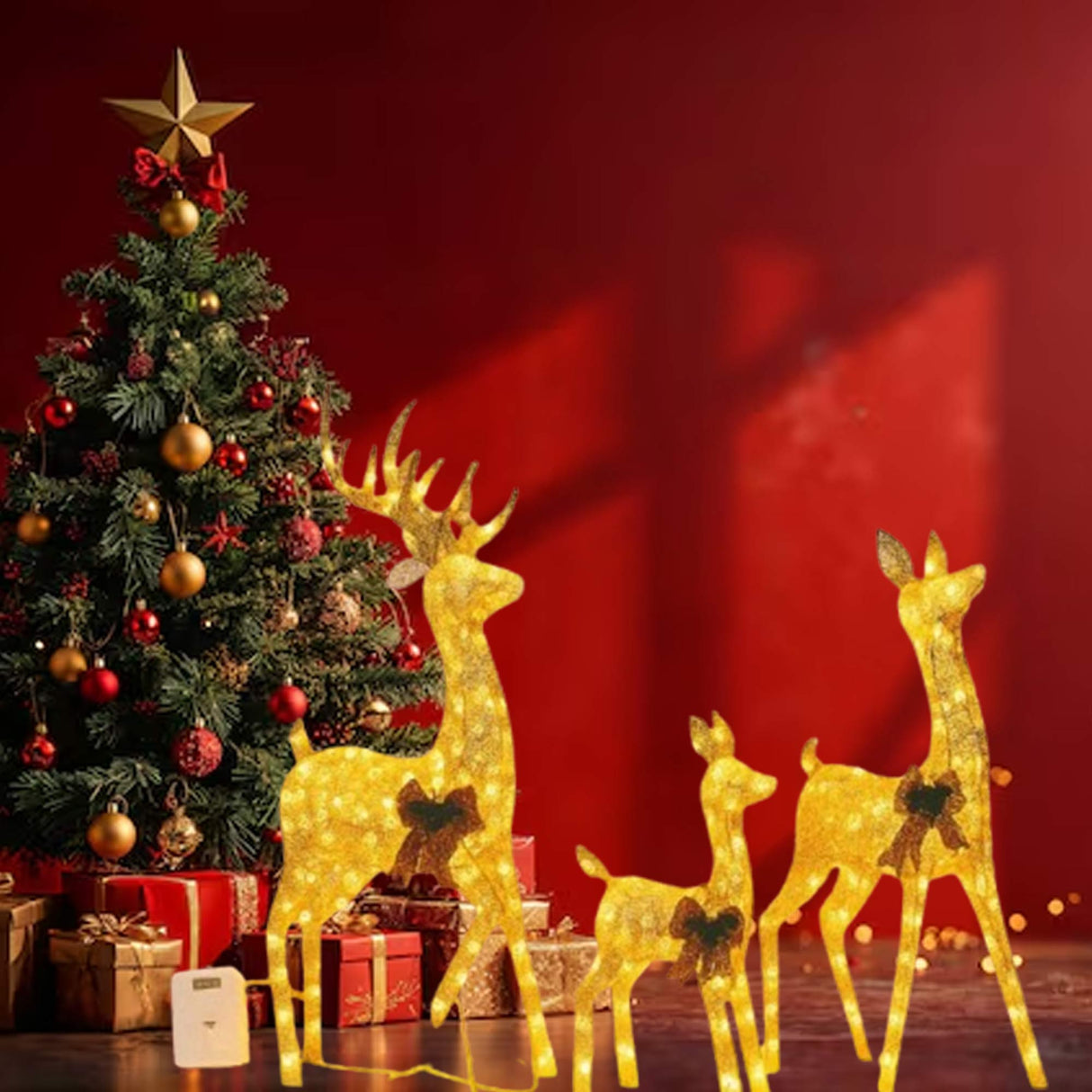 Champagne Cotton Thread Set of Three Deer 60" 48" 32" Holiday Decor