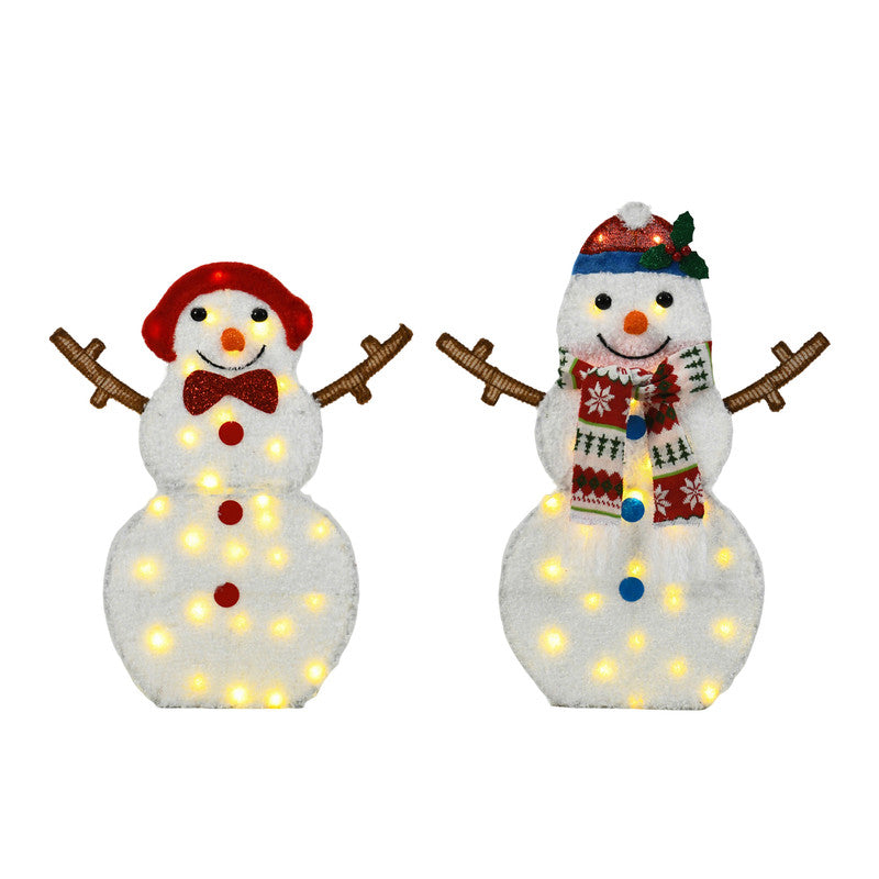 Set of 2 Snowmen with Warm White Cord Lights 24" & 28" Height