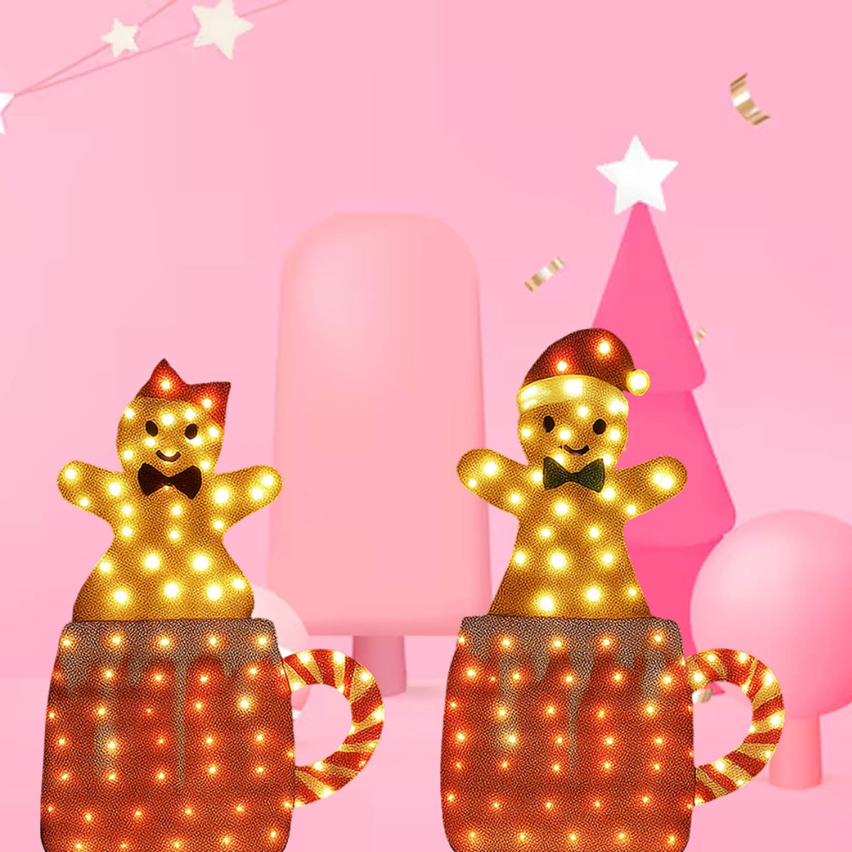 Set of Two Light Up Gingerbread Men in Holiday Mugs Christmas Decoration 40" & 42" Tall