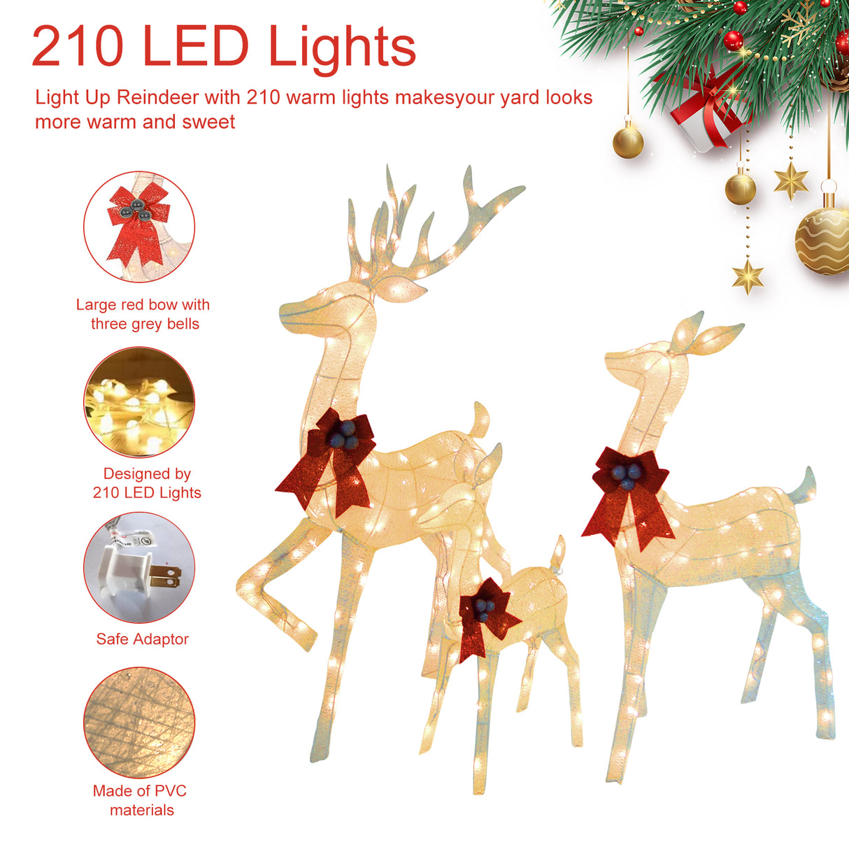 Outdoor Christmas Reindeer Set with Warm White LED Lights UL Listed Indoor/Outdoor Yard Decoration 31" 27" 18.5"