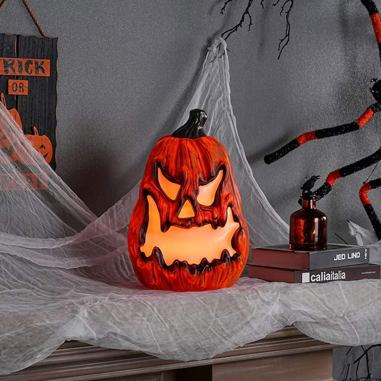 1 Feet Orange Glowing Scary Face Jack-o-Lantern Halloween Figurine with Light