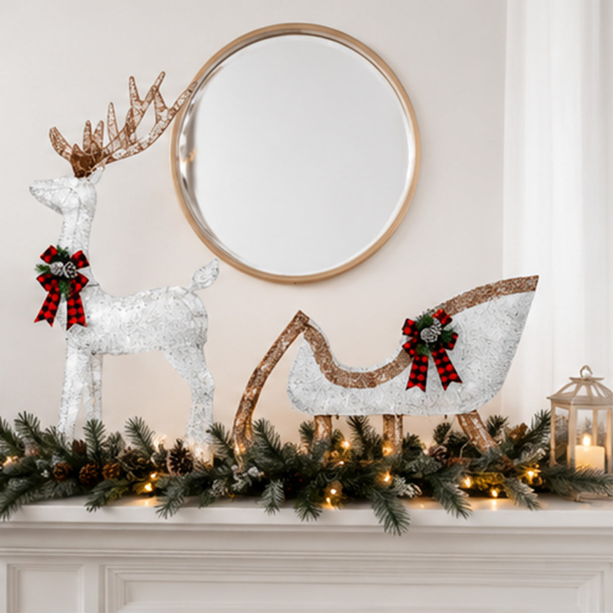 Lighted Christmas Deer Sleigh Set Warm White LED Decor