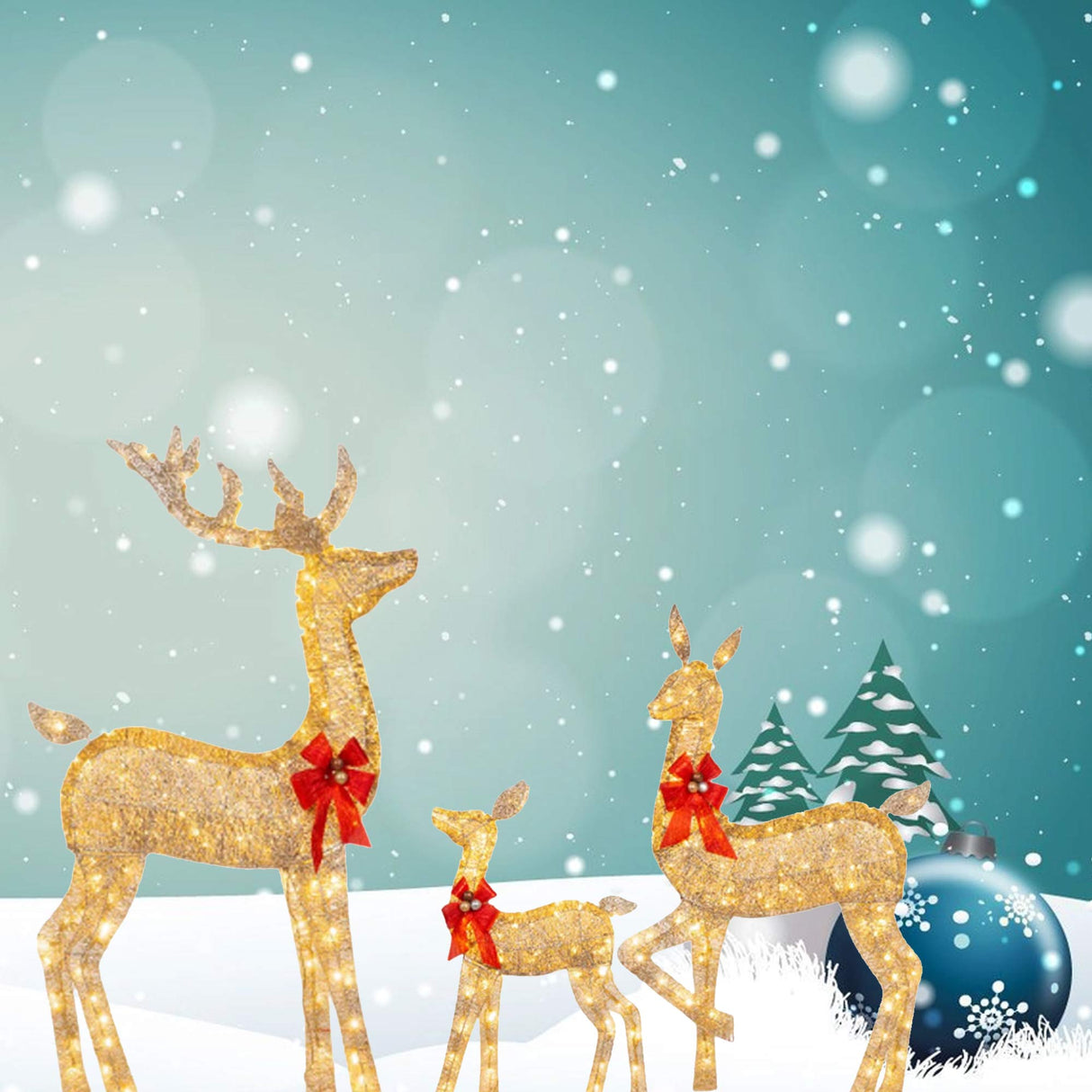 Elegant Champagne Rattan Deer Trio for Holiday Lawn and Entryway Displays 63" + 52" + 37"