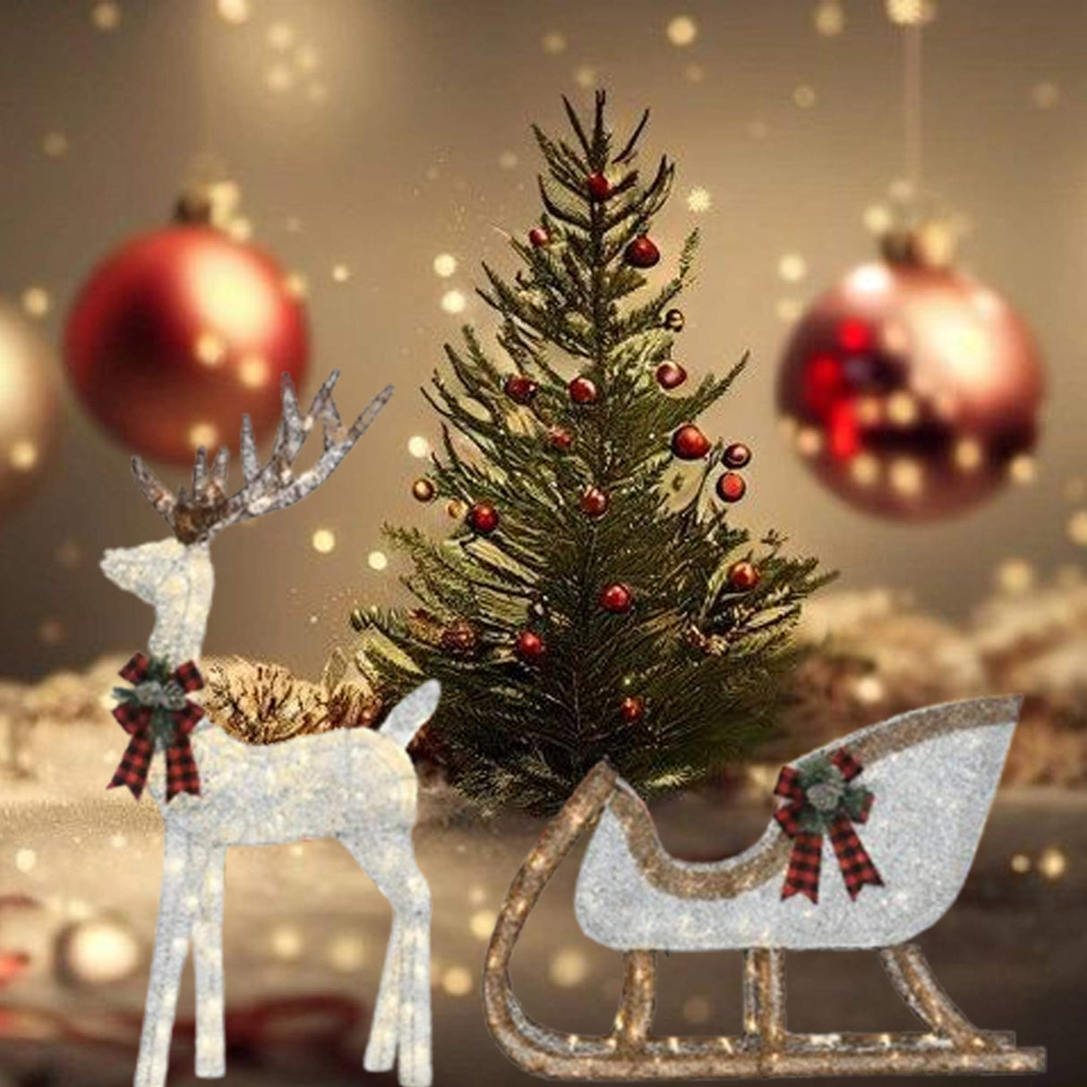 48" Lighted Silver Deer with 38" Sleigh Holiday Yard Decoration