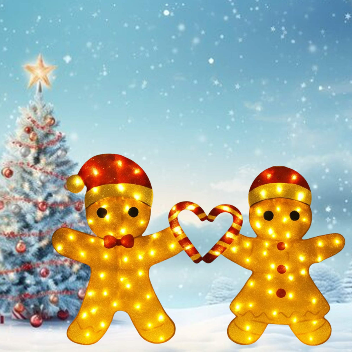 Delightful Light Up Gingerbread Man Couple with Heart-Shaped Candy Cane