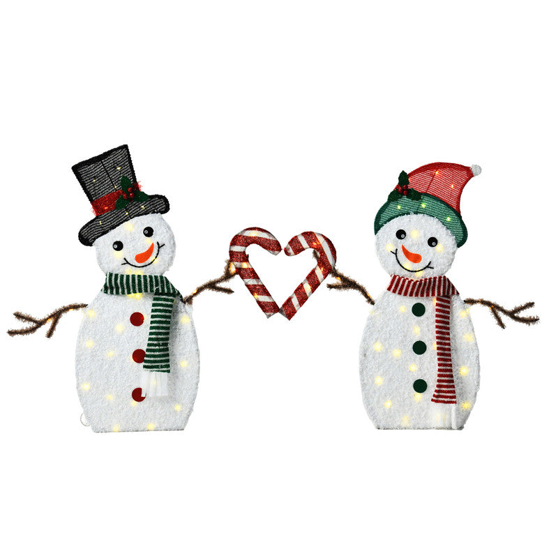 Set of 2 Heart Shaped Snowmen with Warm LED Lights Indoor Outdoor Christmas Decoration