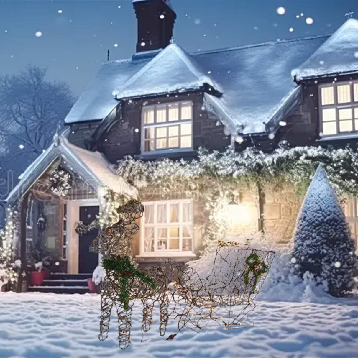 Coffee-Colored Lighted Reindeer with Sleigh Outdoor Christmas Yard Decoration