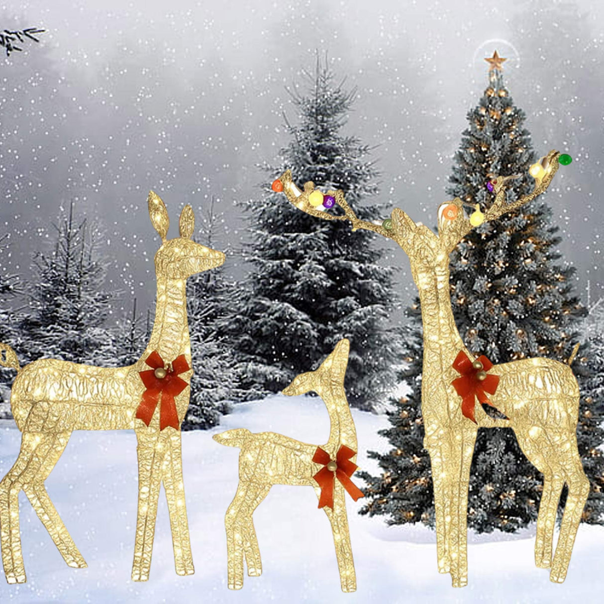 Prelit Outdoor Deer Family Trio with Iridescent PVC and Red Bows
