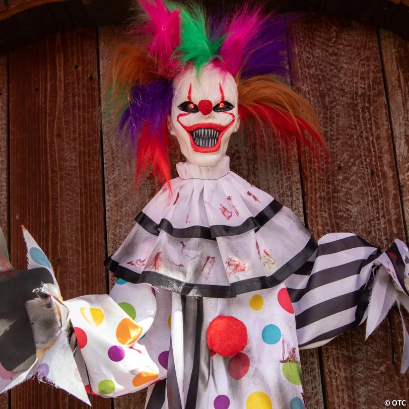 4 Ft. Hanging Clown with Multicolored Hair Animated Prop Halloween Decoration