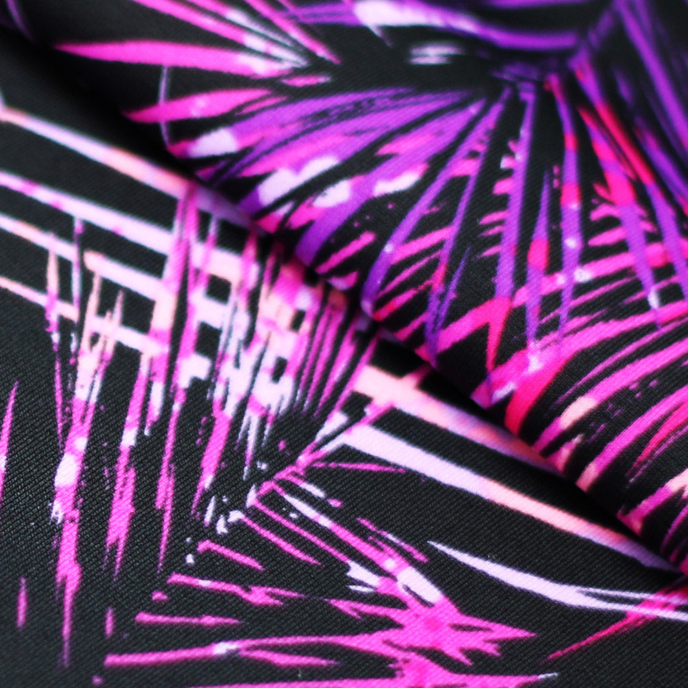 Electric Tropics Nylon Spandex Fabric - Tropical Palm Leaf Print, Multi, Orange-Red, Green-Blue, Pink-Purple, 58-60" Width (1 Yard)
