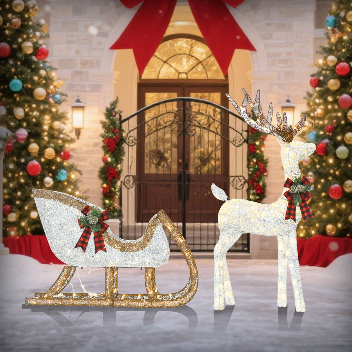 48 Inch H Reindeer and 38 Inch L Sleigh Set White LED Christmas Outdoor Decoration