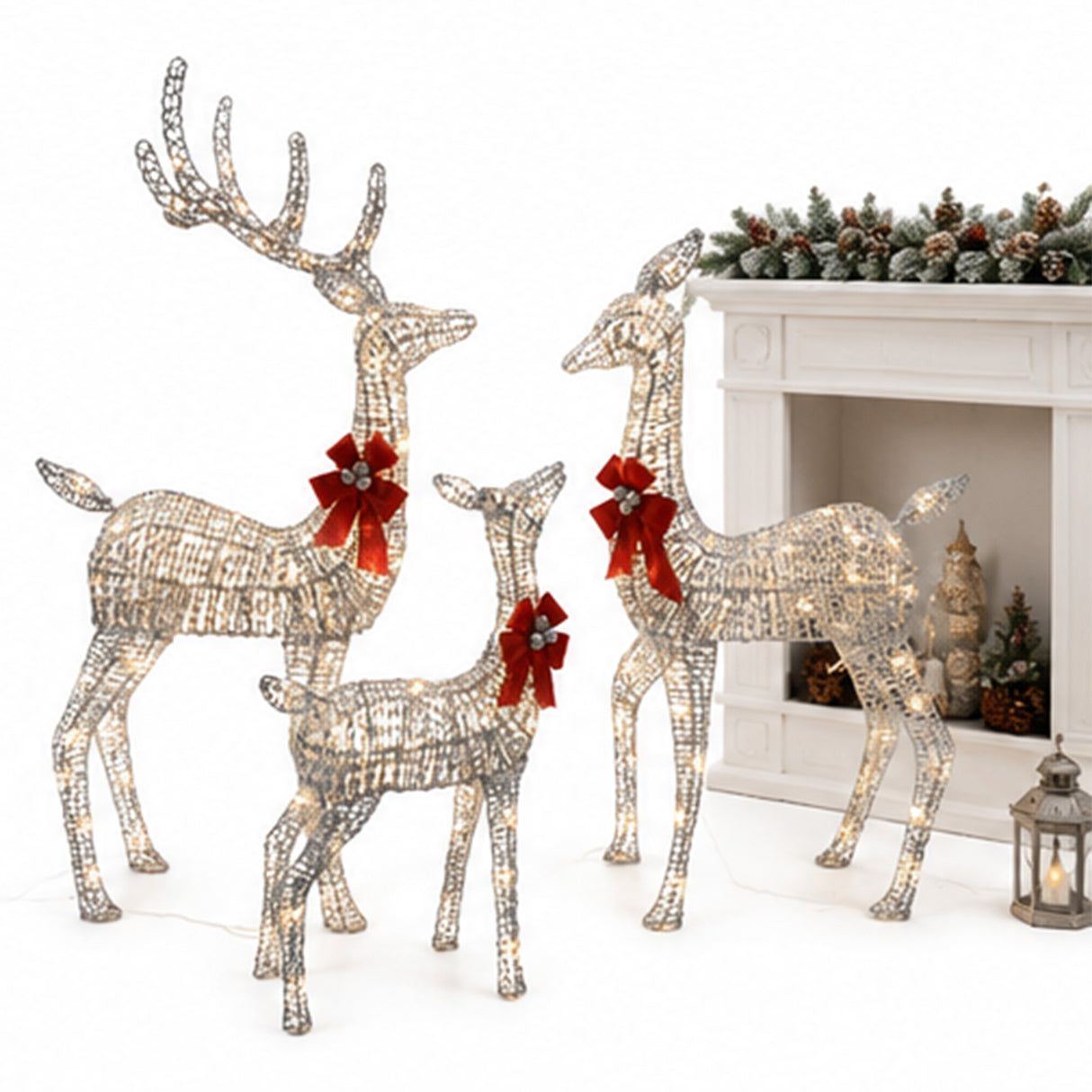Champagne Wicker Reindeer Set with Warm White LED Lights