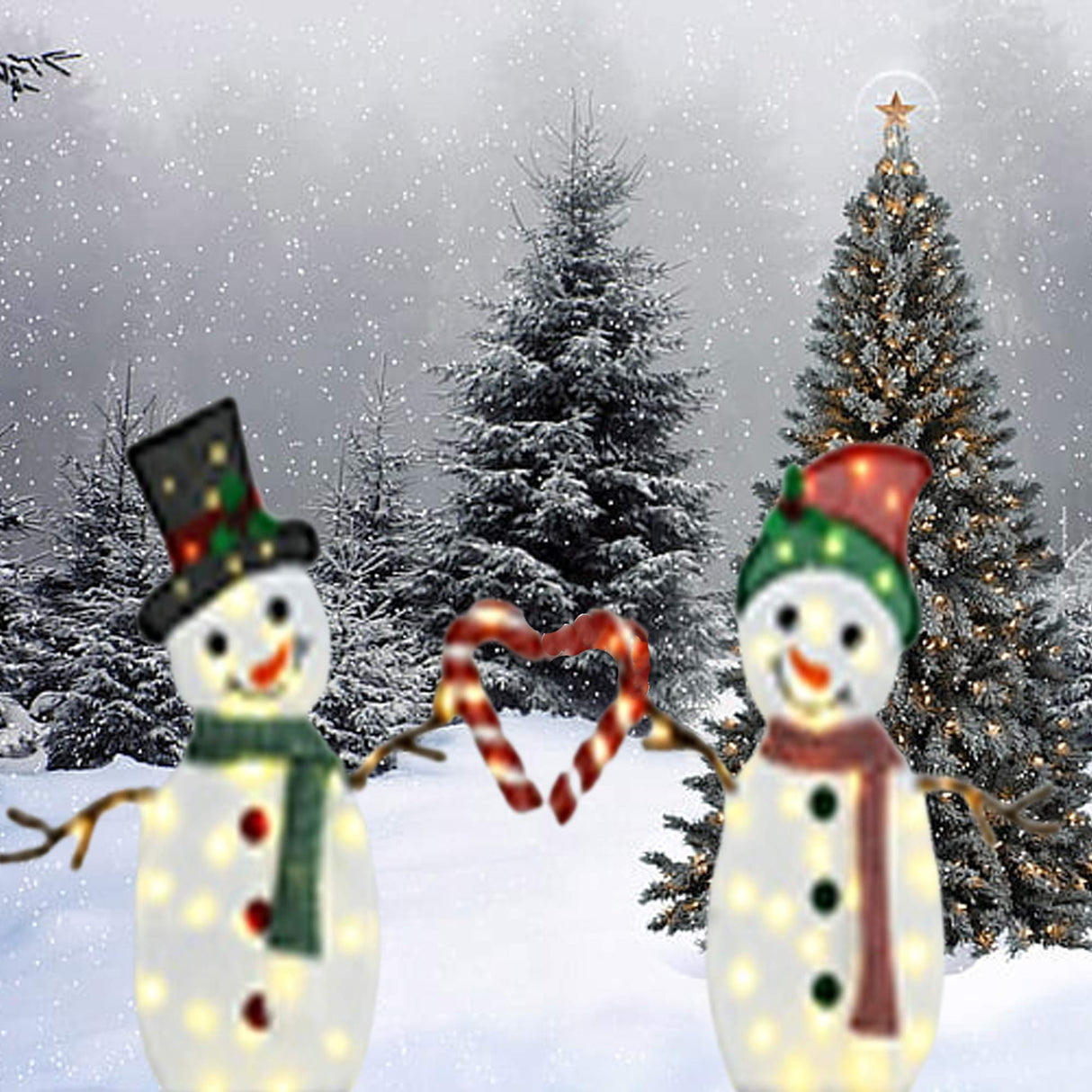 Set of Two Lighted Heart-Shaped Snowmen 30" & 32"H Christmas Decorations