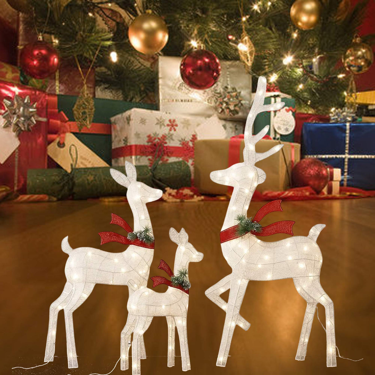Elegant Lighted Deer Family Set with White Thread for Holiday Decor