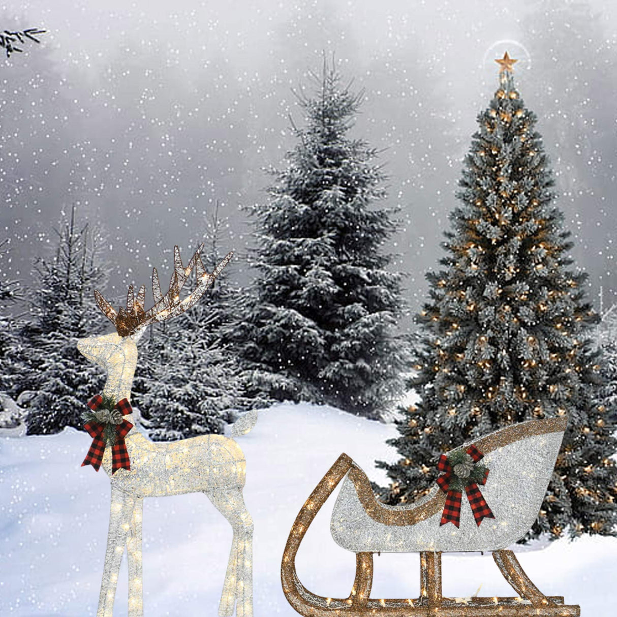 48" Lighted Silver Deer with 38" Sleigh Holiday Yard Decoration