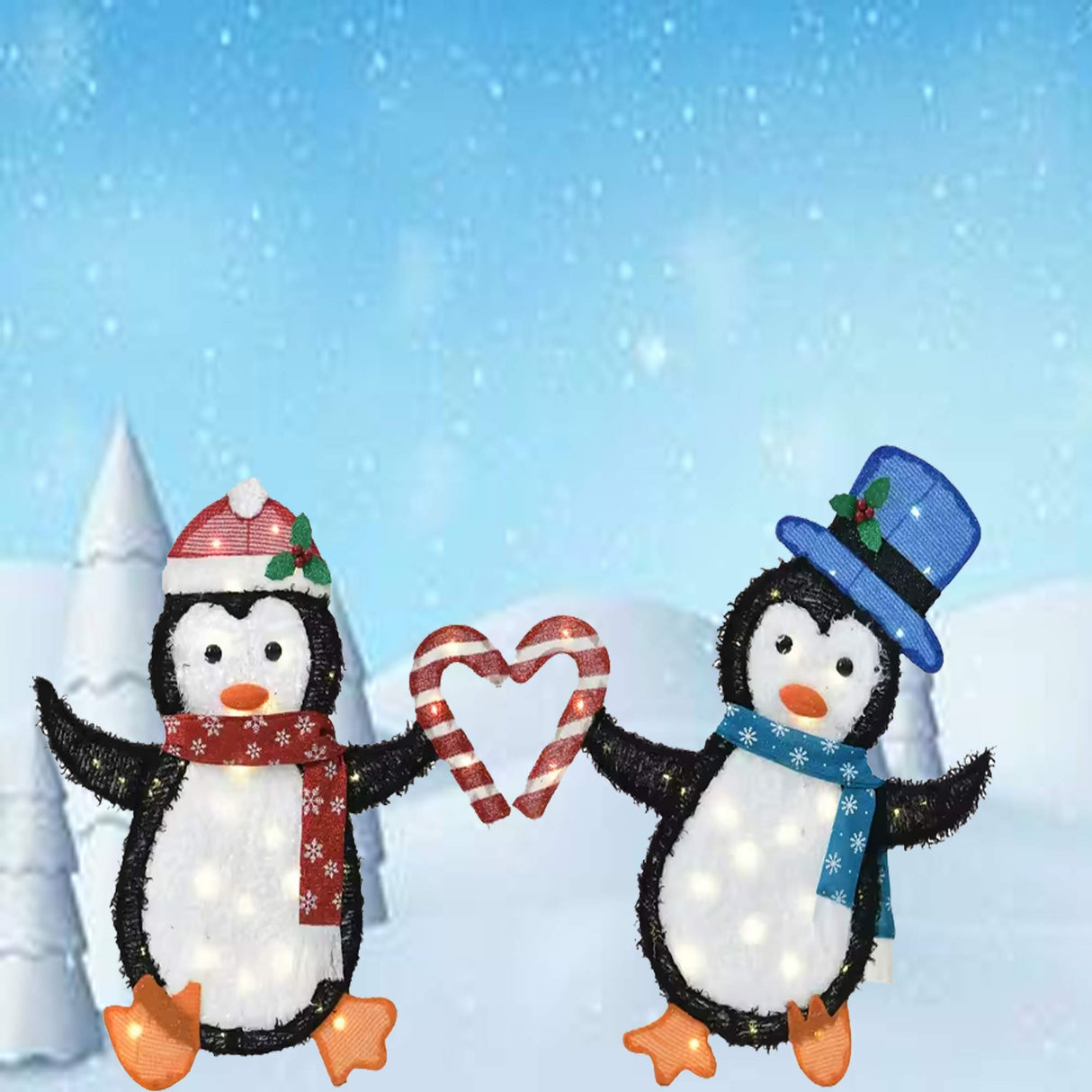 Set of Two Heart-Shaped Penguins Decorative Figurines Indoor Outdoor 30" & 32"H