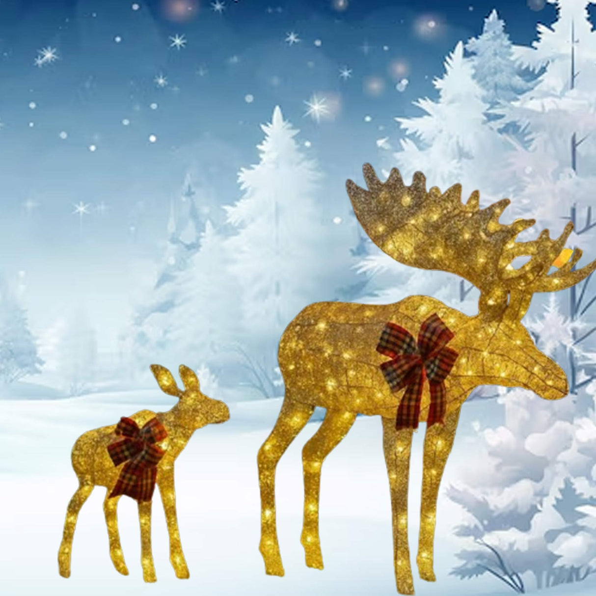 42 Inches and 22 Inches Champagne Cotton Thread Reindeer Set Two Deer