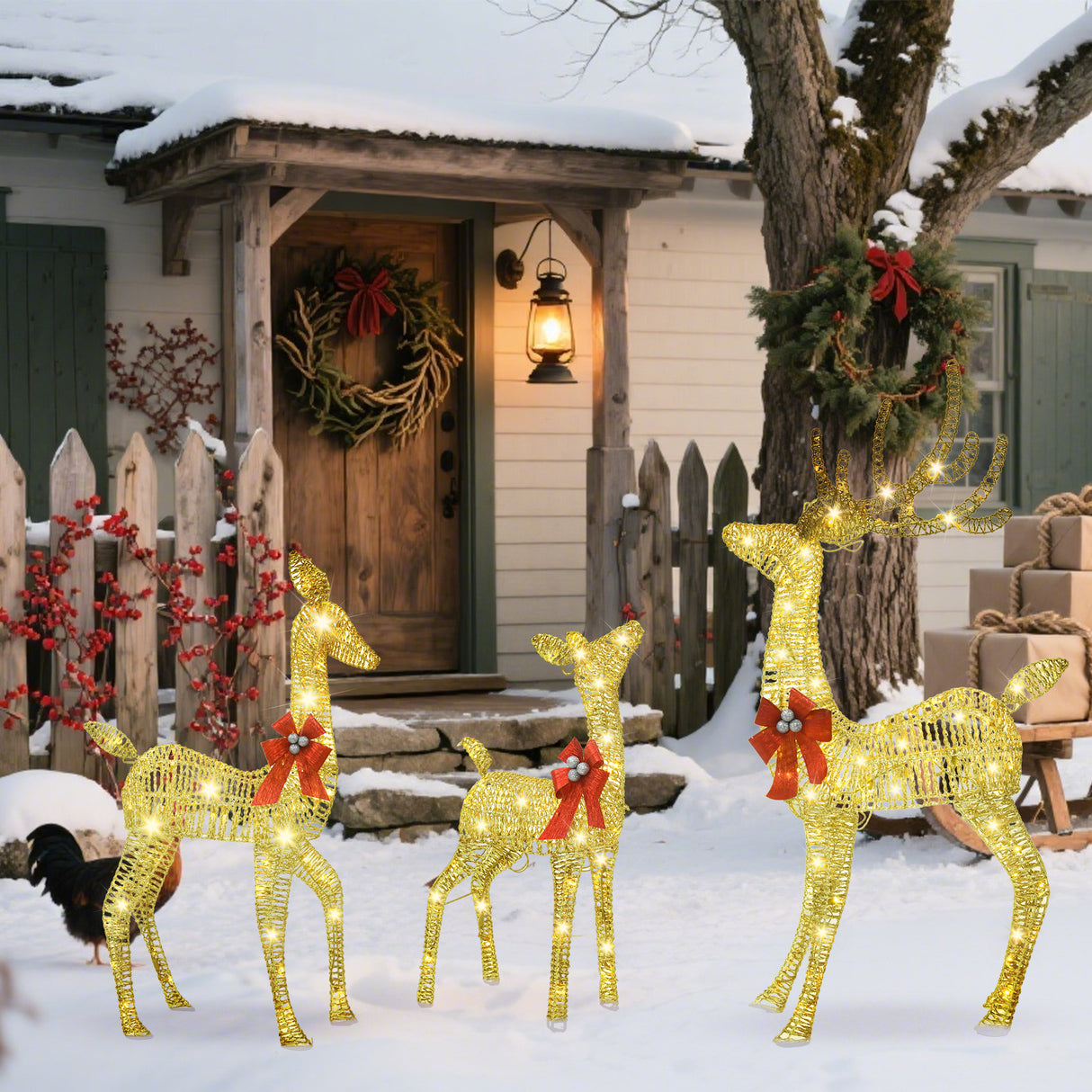 Champagne Woven Vine Set of 3 Reindeer with Warm White LED Lights for Holiday Décor 63" 52" 37"