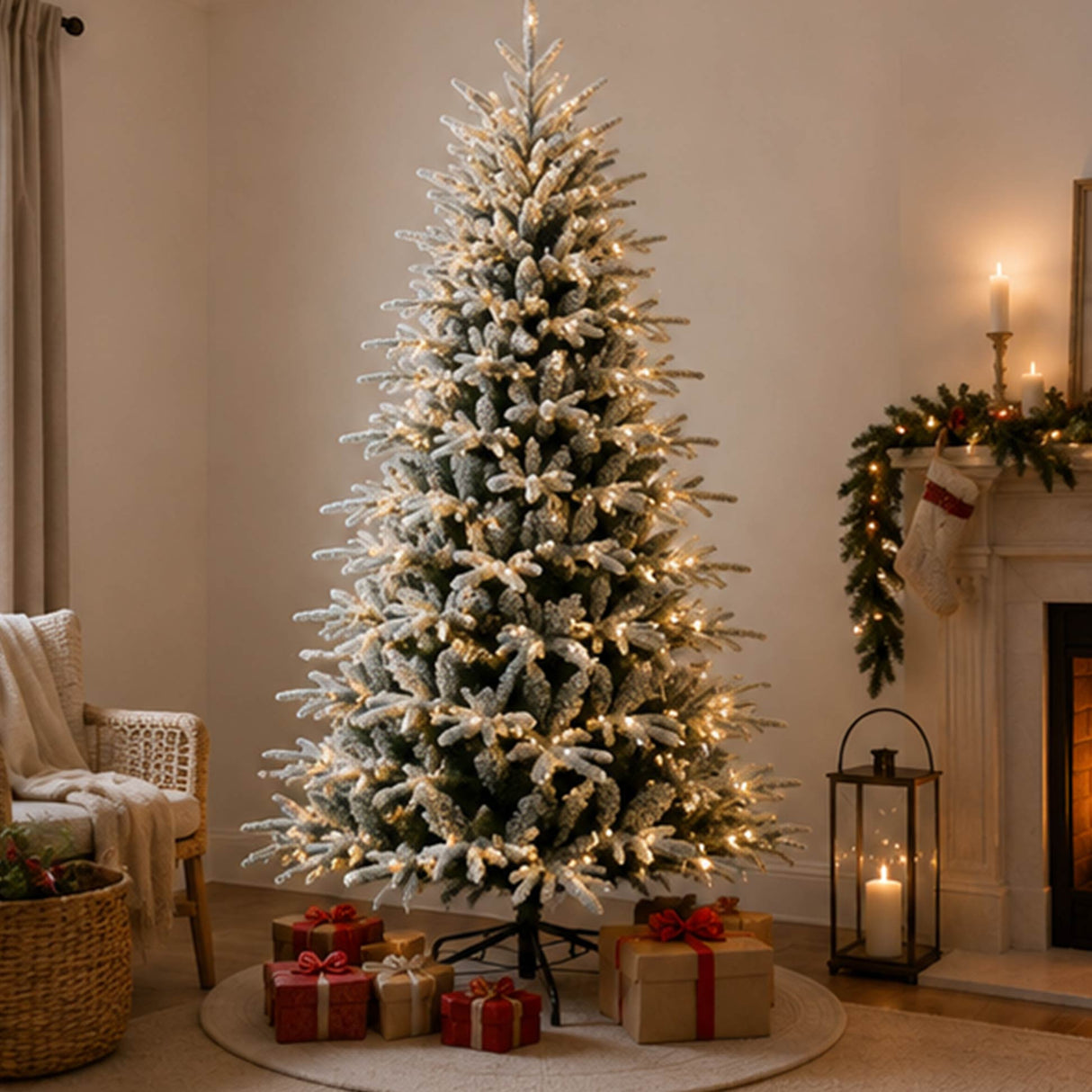 7.5FT Pre Lit Flocked Christmas Tree Warm White LED