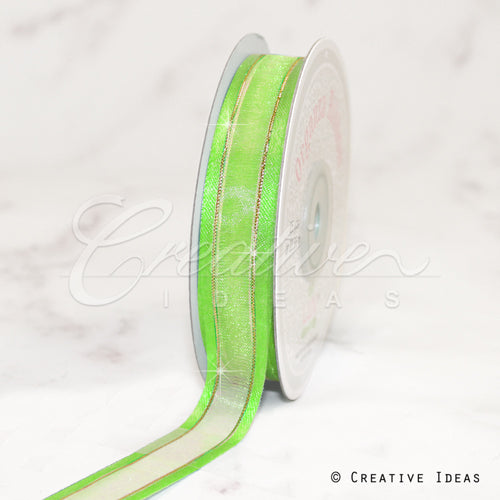 5/8" Organza With Satin And Gold Edge Ribbon - 25 Yards (Apple Green)