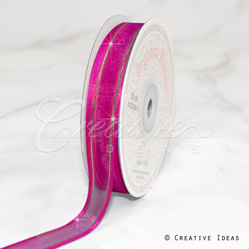 5/8" Organza With Satin And Gold Edge Ribbon - 25 Yards (Fuchsia)