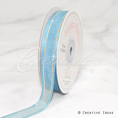 5/8" Organza With Satin And Gold Edge Ribbon - 25 Yards (Light Blue)