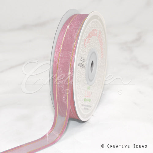 5/8" Organza With Satin And Gold Edge Ribbon - 25 Yards (Light Pink)