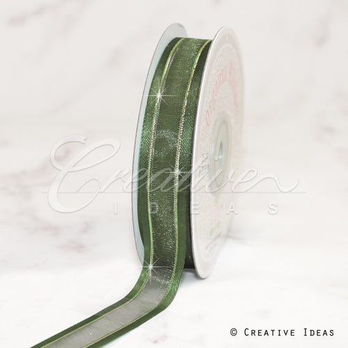 5/8" Organza With Satin And Gold Edge Ribbon - 25 Yards (Moss Green)