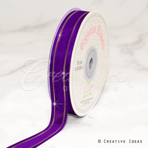 5/8" Organza With Satin And Gold Edge Ribbon - 25 Yards (Purple)