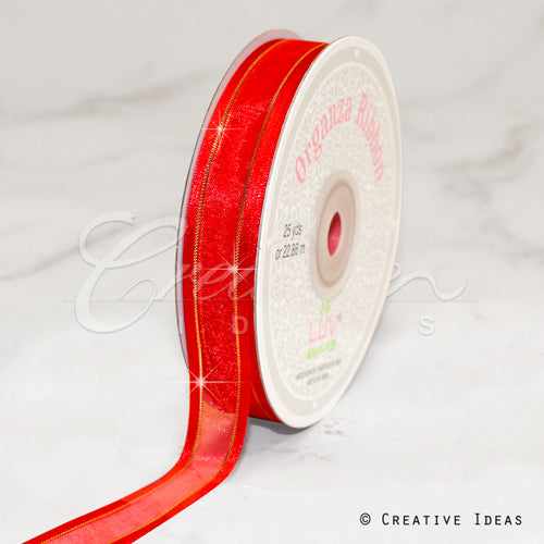 5/8" Organza With Satin And Gold Edge Ribbon - 25 Yards (Red)
