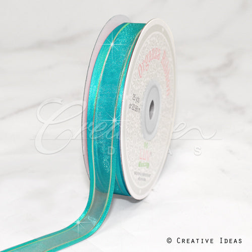 5/8" Organza With Satin And Gold Edge Ribbon - 25 Yards (Tropic Blue)