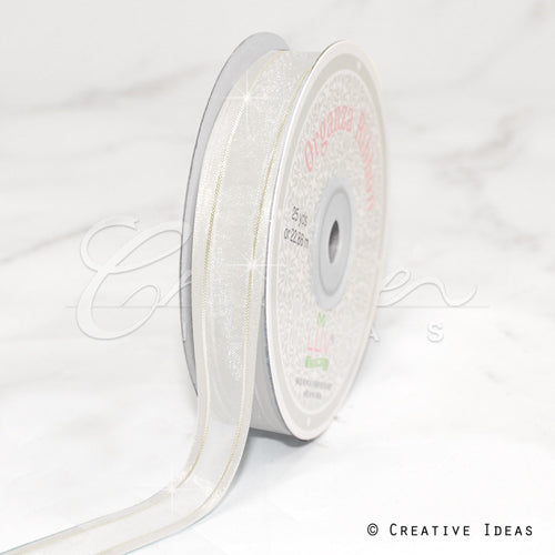 5/8" Organza With Satin And Gold Edge Ribbon - 25 Yards (White)