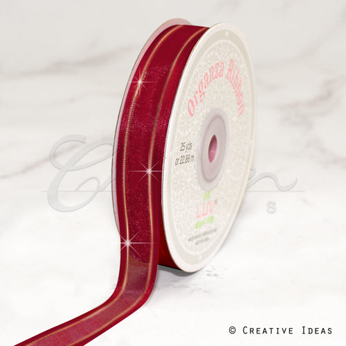 5/8" Organza With Satin And Gold Edge Ribbon - 25 Yards (Wine)