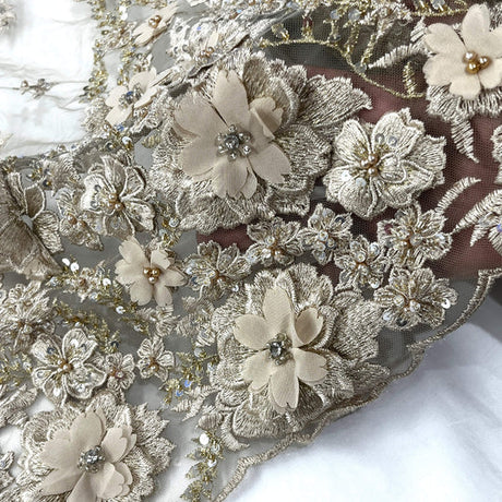 1 Yard Beaded 3D Floral Lace Fabric Embroidered 100 Percent Polyester Net Mesh 51 inch Width