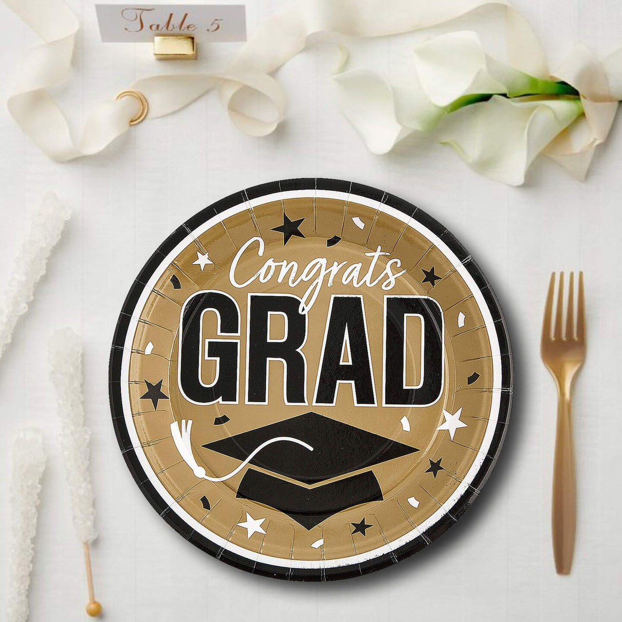 25 Count Gold Congrats Grad 9 Inch Paper Plates Round Supplies for Graduation Events