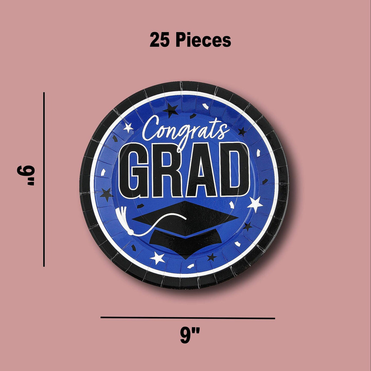 25 Count Blue Congrats Grad 9 Inch Round Paper Plates for Graduation Party Supplies