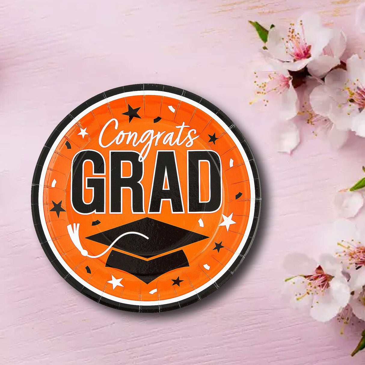 25 Count Orange Congrats Grad Round Paper Plates 9 Inch for Graduation Party Settings