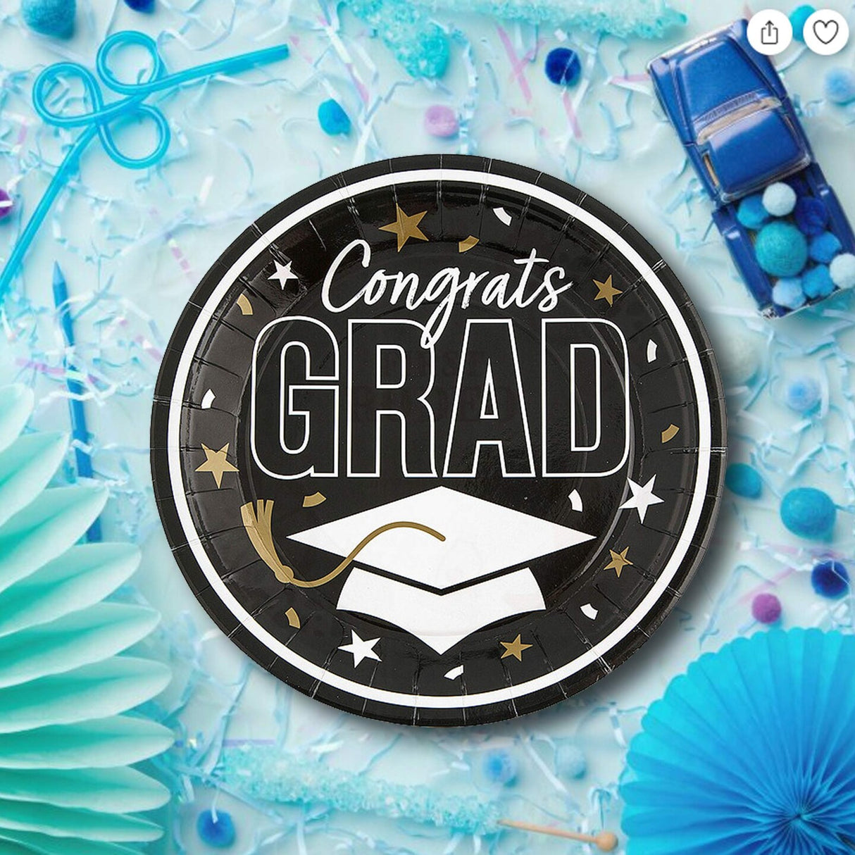 25 Count Black Congrats Grad 9 Inch Round Paper Plates for Graduation Party Supplies