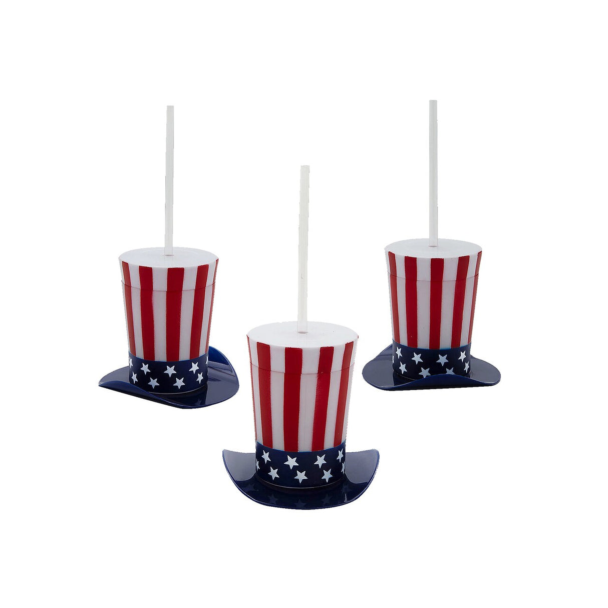 4 1/4" 14 oz. Patriotic Top Hat-Shaped Straw Cups with Lids 12 Pieces