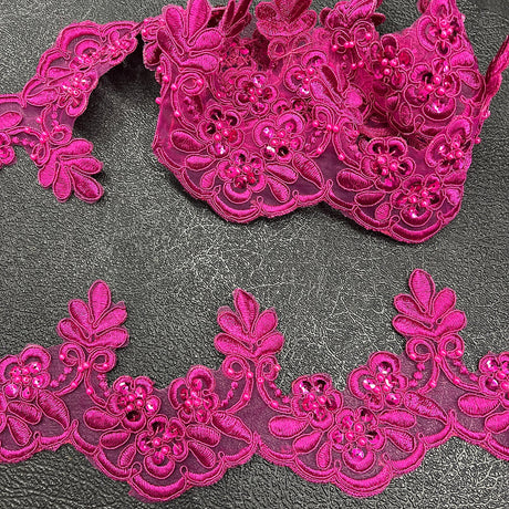 1 Yard Beaded & Corded Embroidered Lace Trim 3" Wide 100% Polyester for Bridal & Evening Dresses