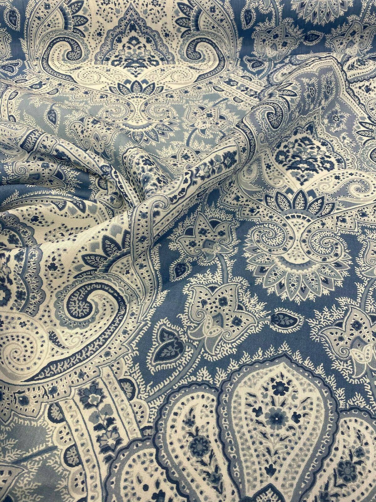 Echo Cyprus Linen Fabric - Blue White Damask, 55" Width (1 Yard)