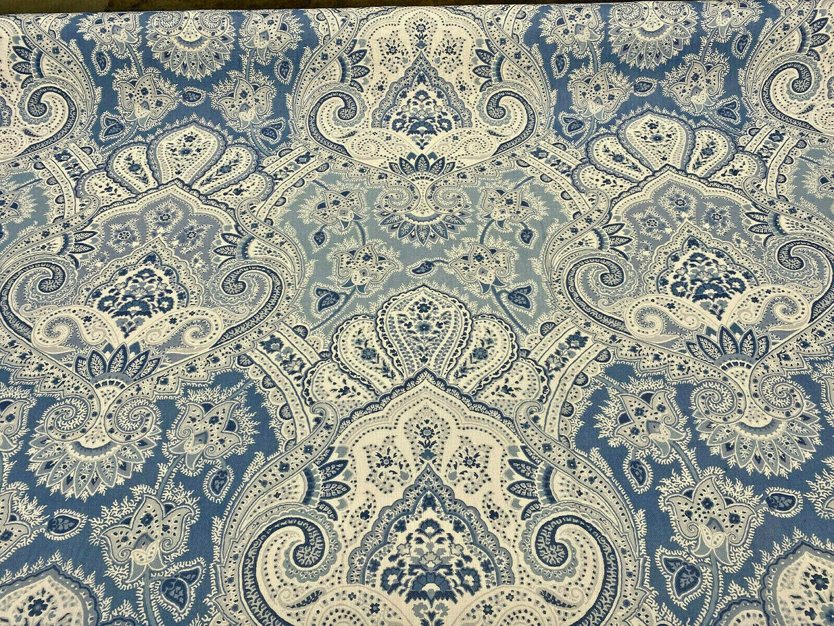 Echo Cyprus Linen Fabric - Blue White Damask, 55" Width (1 Yard)