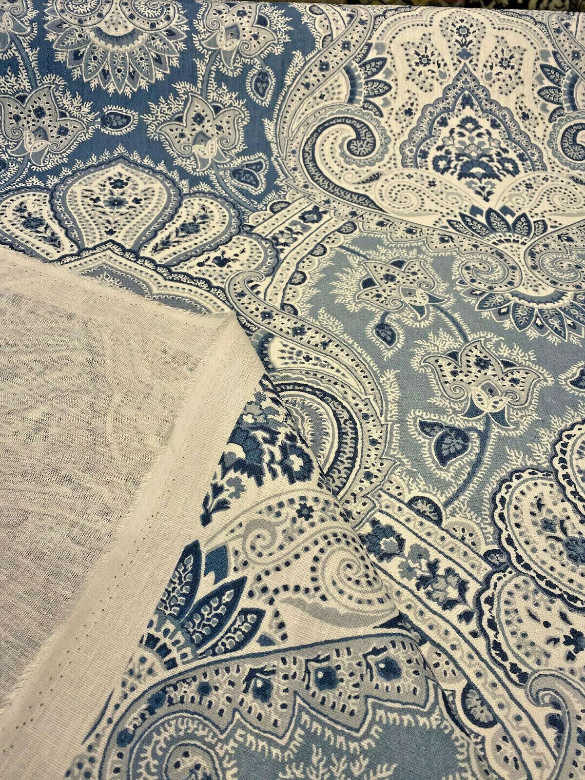 Echo Cyprus Linen Fabric - Blue White Damask, 55" Width (1 Yard)