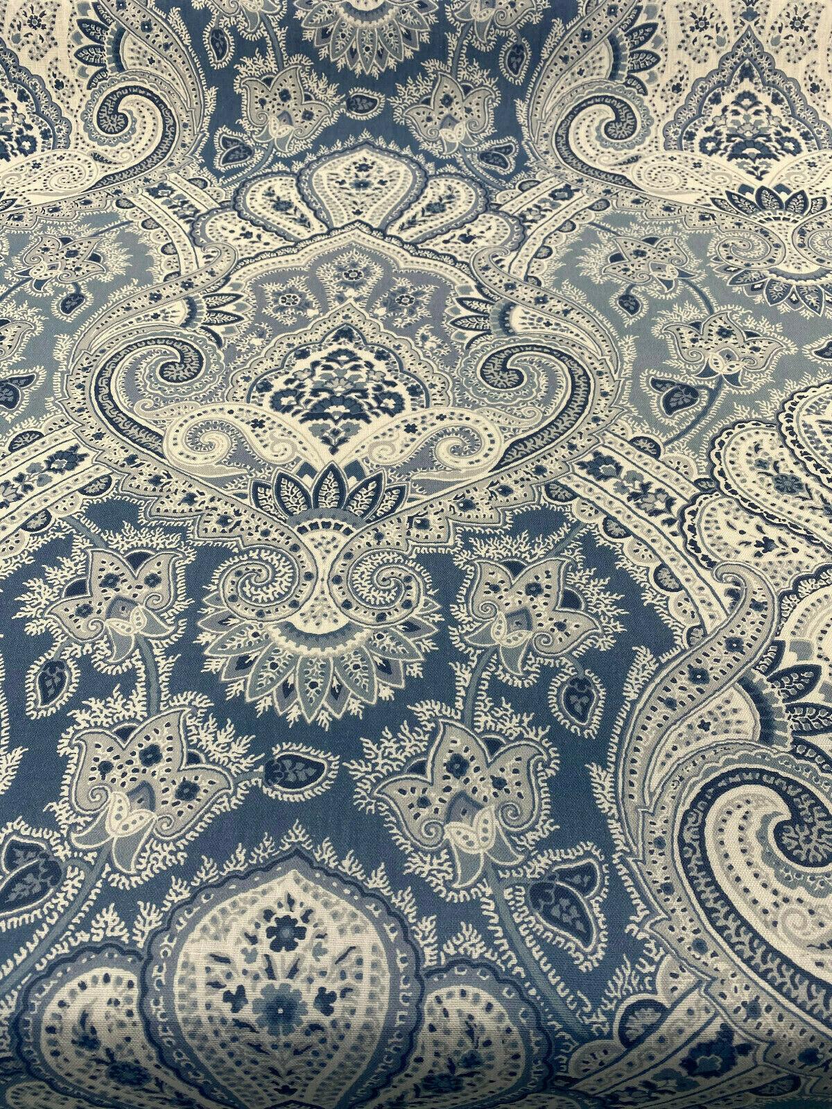 Echo Cyprus Linen Fabric - Blue White Damask, 55" Width (1 Yard)