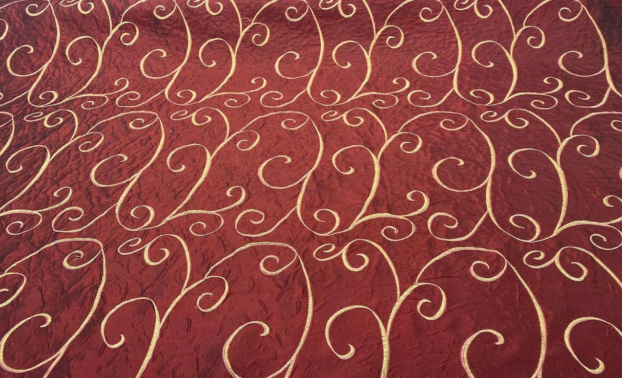 Merlot Red Swirls Embroidered Slub Faux Silk Fabric - Merlot Red Swirls, 54" Width (1 Yard)