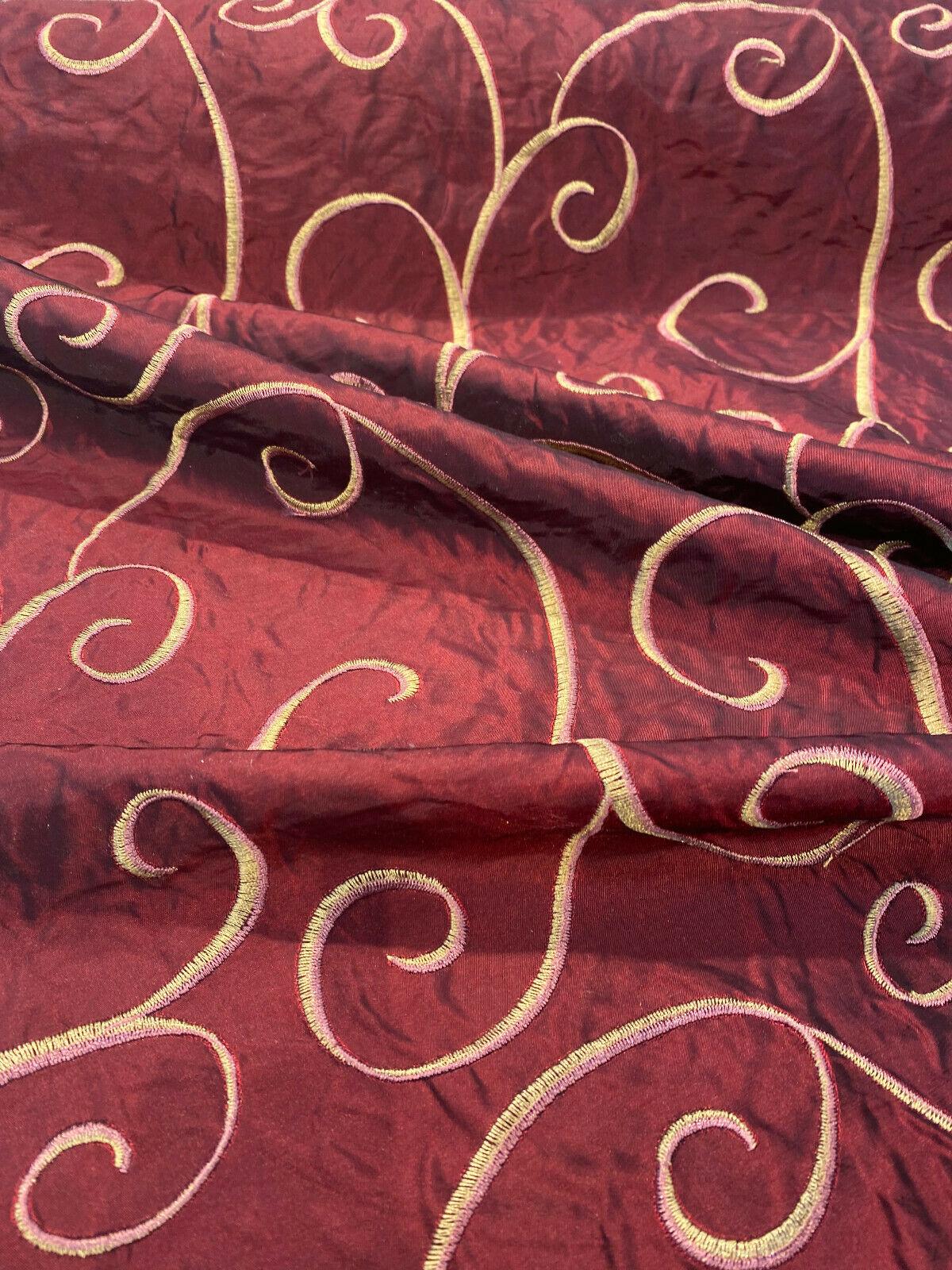Merlot Red Swirls Embroidered Slub Faux Silk Fabric - Merlot Red Swirls, 54" Width (1 Yard)