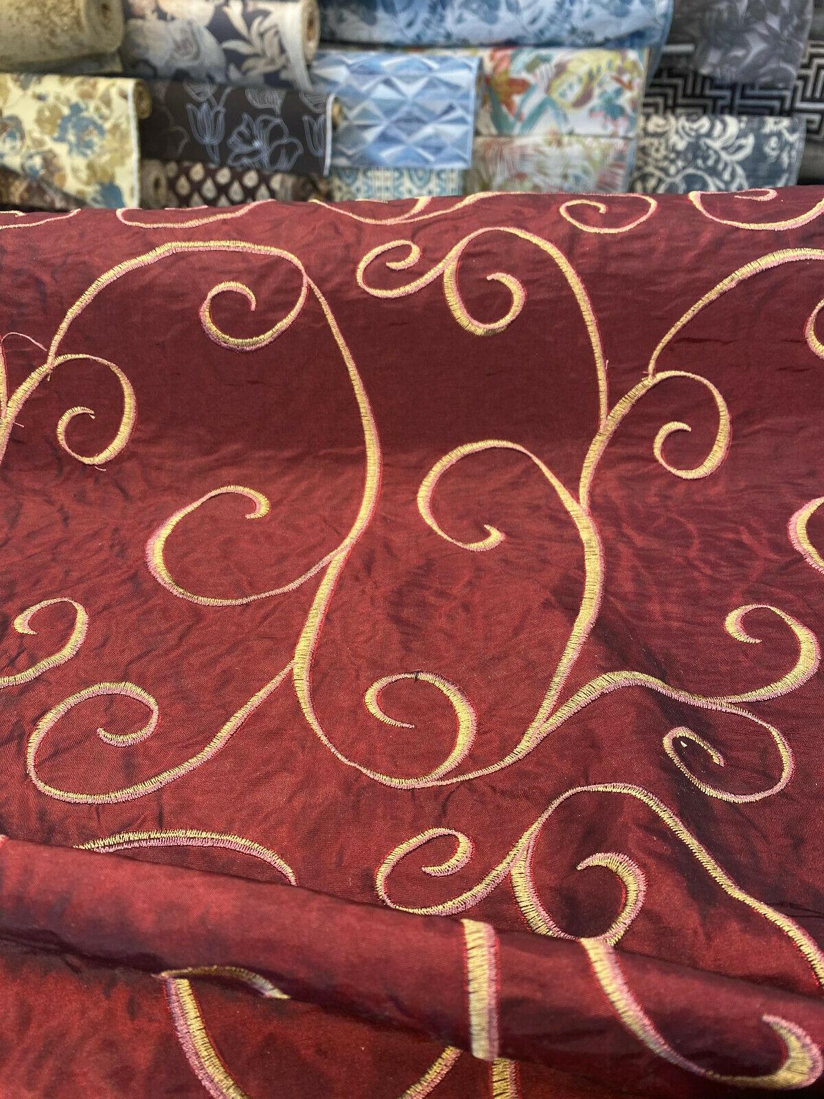 Merlot Red Swirls Embroidered Slub Faux Silk Fabric - Merlot Red Swirls, 54" Width (1 Yard)
