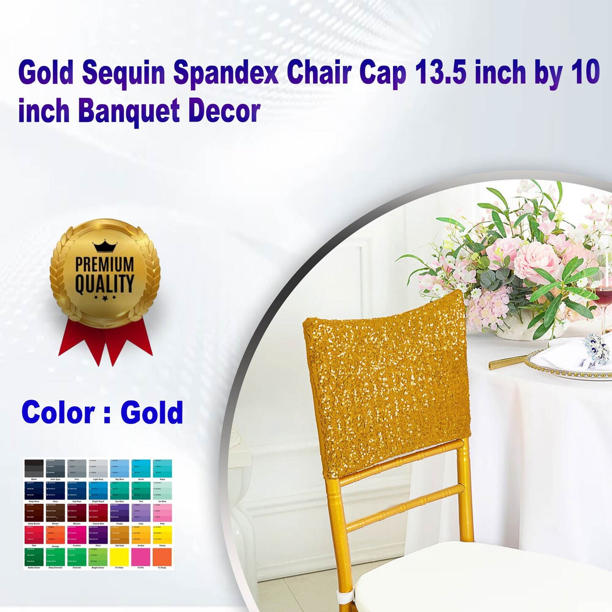 1 Piece Gold Sequin Spandex Chair Cap 13.5 inch by 10 inch Banquet Decor