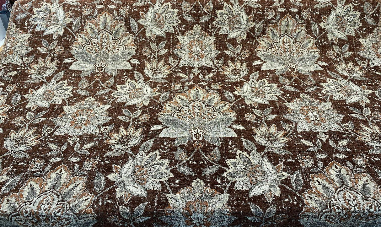 Wolfgang Floral Chenille Fabric - Carob Rust Damask, 57" Width, 27" Horizontal Repeat, 29" Vertical Repeat (1 Yard)